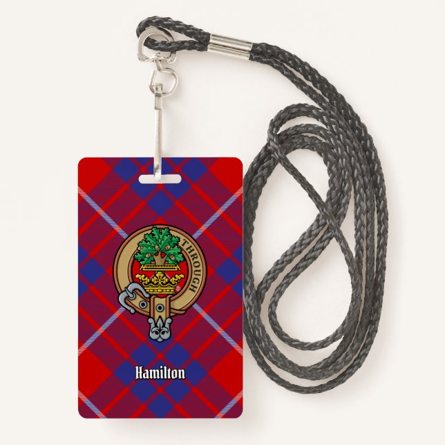 Clan Hamilton Crest over Red Tartan ID Badge (Front with Lanyard)