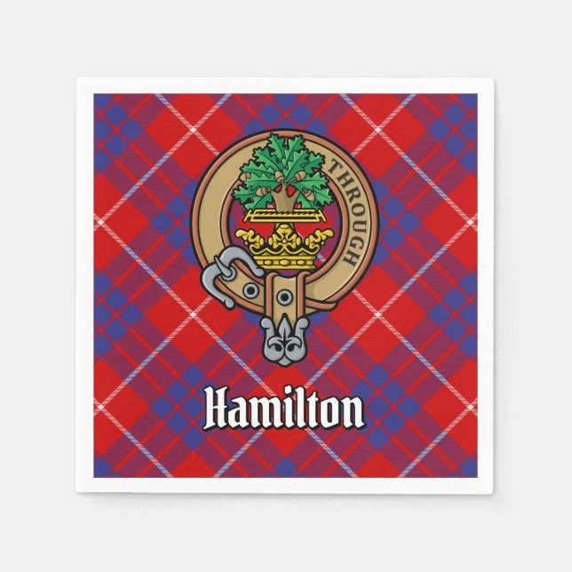 Clan Hamilton Crest over Red Tartan Napkin (Front)