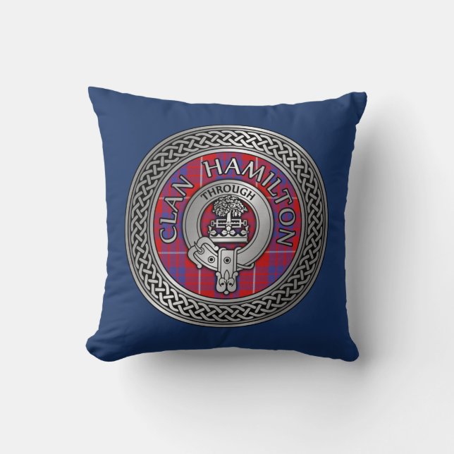 Clan Hamilton Crest & Tartan Knot Throw Pillow (Front)