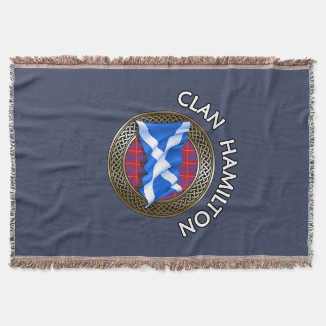 Clan Hamilton Tartan Knot & Flag Throw Blanket (Front)