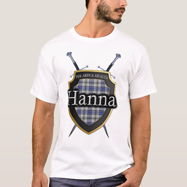 Clan Hanna Hannay Tartan Plaid Shield & Swords T-Shirt (Front)