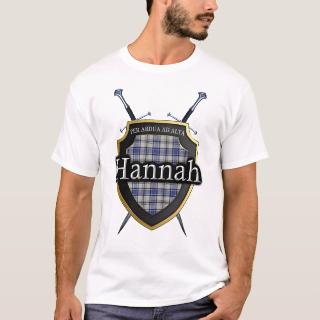 Clan Hannah Hannay Tartan Plaid Shield & Swords T-Shirt (Front)