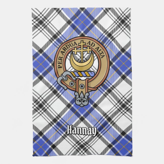 Clan Hannay Crest over Tartan Tea Towel (Vertical)