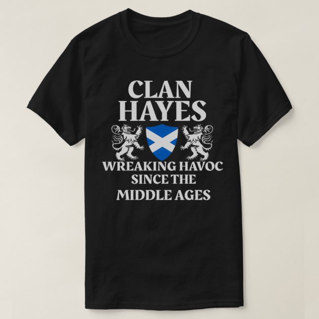 Clan Hayes Scottish Family Kilt Tartan Lion Name T-Shirt (Design Front)