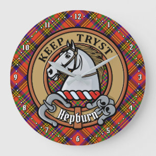 Clan Hepburn Crest over Tartan Large Clock