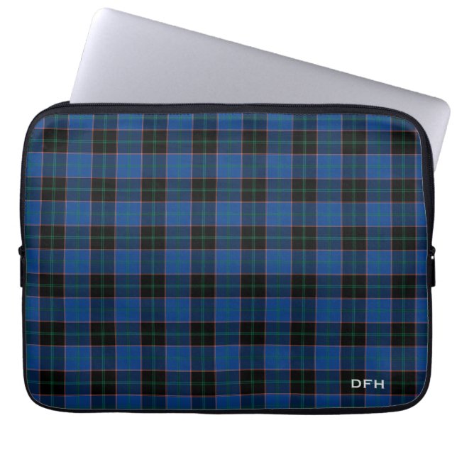 Clan Hume Tartan Blue and Black Plaid Monogram Laptop Sleeve (Front)