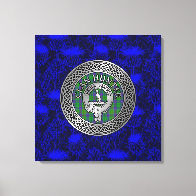 Clan Hunter Crest & Tartan Knot on Thistle Canvas Print (Front)