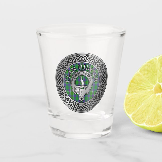 Clan Hunter Crest & Tartan Knot Shot Glass (Front)
