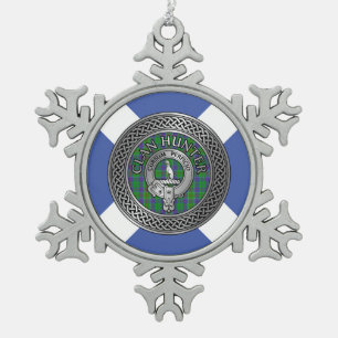 Clan Hunter Crest & Tartan Knot Snowflake Pewter Christmas Ornament