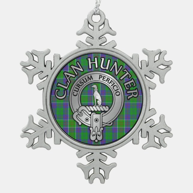 Clan Hunter Crest & Tartan Snowflake Pewter Christmas Ornament (Front)