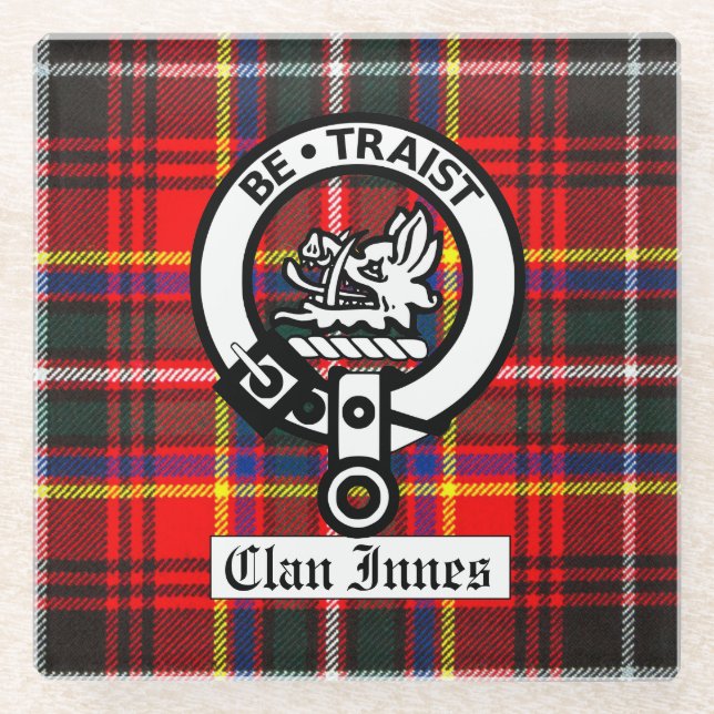 Clan Innes Crest Badge and Tartan Glass Coaster (Front)
