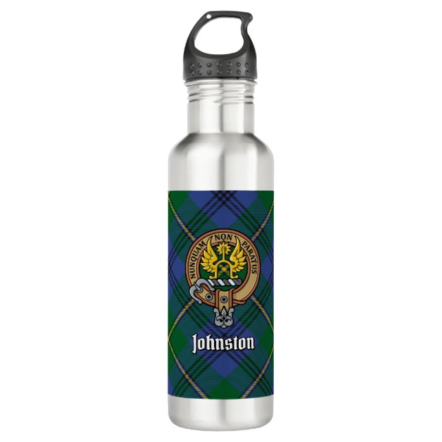 Clan Johnston Crest over Tartan 710 Ml Water Bottle (Front)