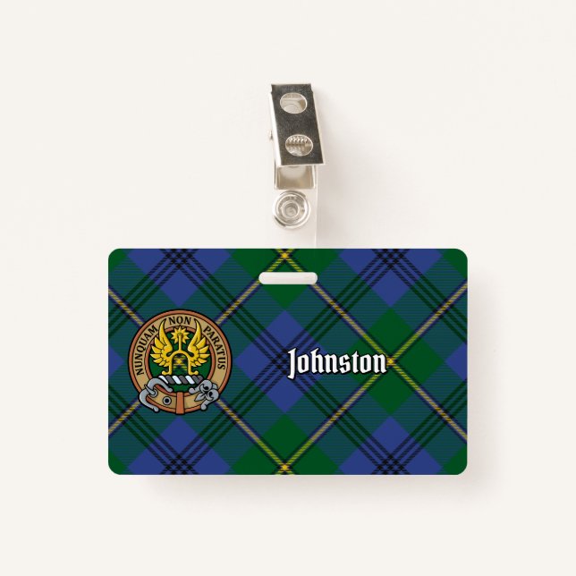 Clan Johnston Crest over Tartan ID Badge (Front with Clip)