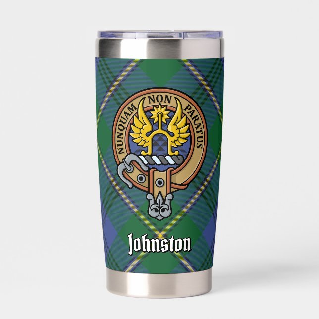 Clan Johnston Crest over Tartan Insulated Tumbler (Front)