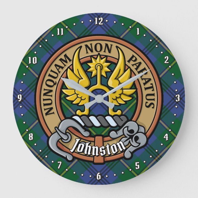 Clan Johnston Crest over Tartan Large Clock (Front)