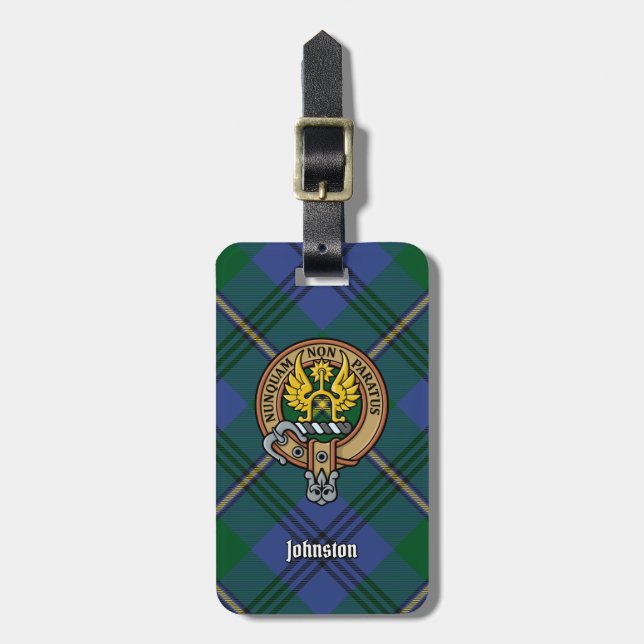 Clan Johnston Crest over Tartan Luggage Tag (Front Vertical)