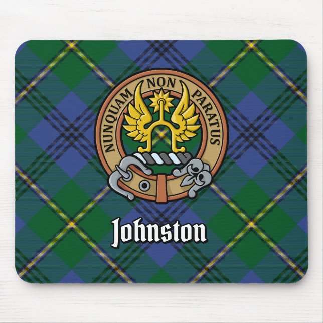 Clan Johnston Crest over Tartan Mouse Mat (Front)