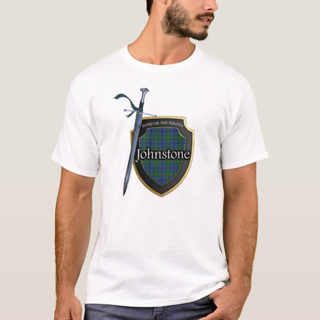 Clan Johnstone Tartan Scottish Shield & Sword T-Shirt (Front)