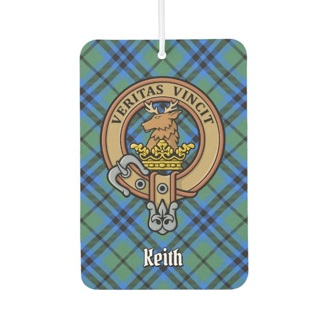 Clan Keith Crest over Tartan Car Air Freshener (Front)