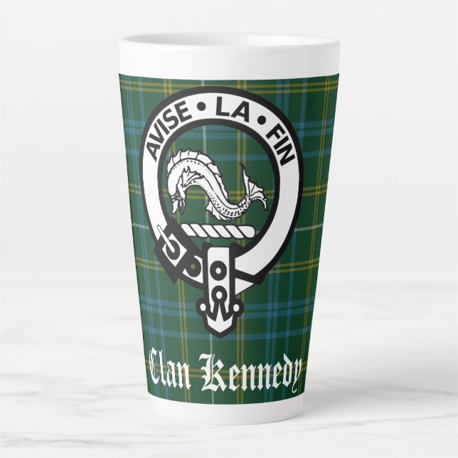 Clan Kennedy Crest Badge & Tartan Latte Mug (Front)