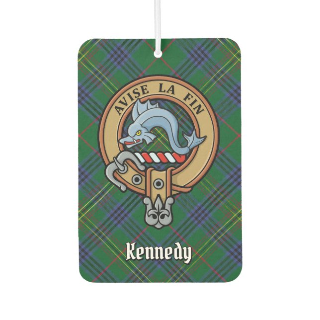 Clan Kennedy Crest over Tartan Car Air Freshener (Front)