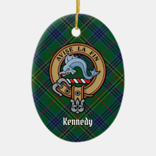 Clan Kennedy Crest over Tartan Ceramic Tree Decoration