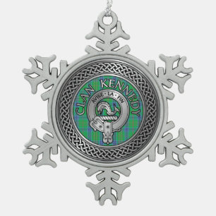 Clan Kennedy Crest & Tartan Knot Snowflake Pewter Christmas Ornament
