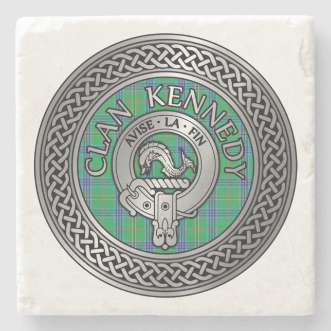 Clan Kennedy Crest & Tartan Knot Stone Coaster (Front)