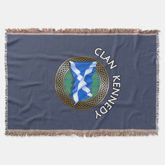 Clan Kennedy Tartan Knot & Flag Throw Blanket (Front)