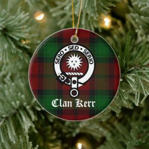 Clan Kerr Crest Badge and Tartan Ceramic Tree Decoration