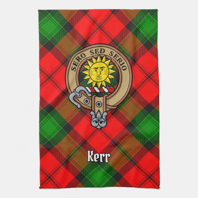 Clan Kerr Crest over Tartan Tea Towel (Vertical)