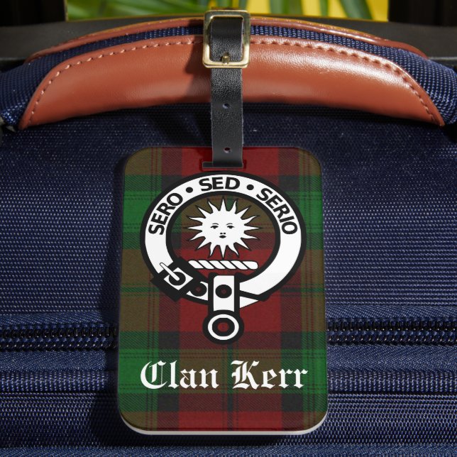 Clan Kerr Tartan and Crest Badge Luggage Tag (Front Insitu 2)