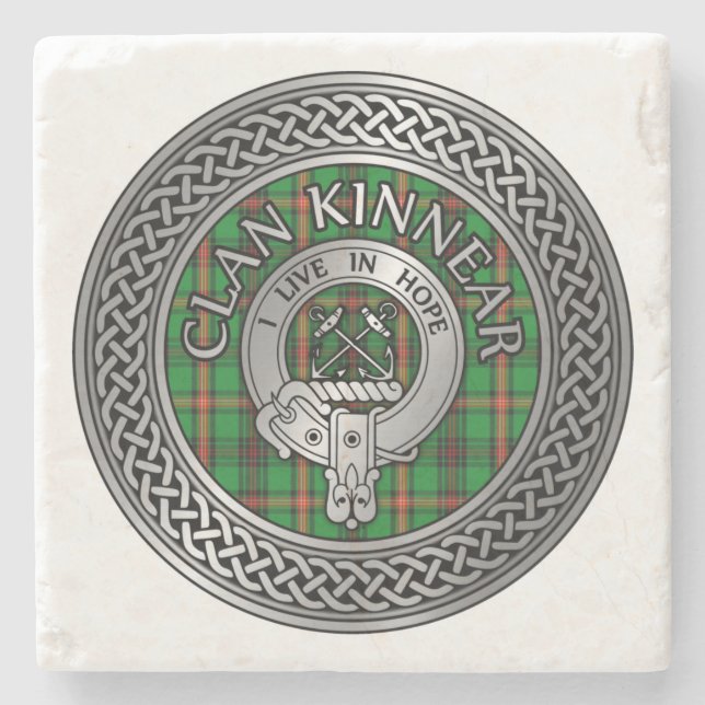 Clan Kinnear Crest & Tartan Knot Stone Coaster (Front)