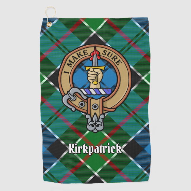 Clan Kirkpatrick Crest over Tartan Golf Towel (Front)