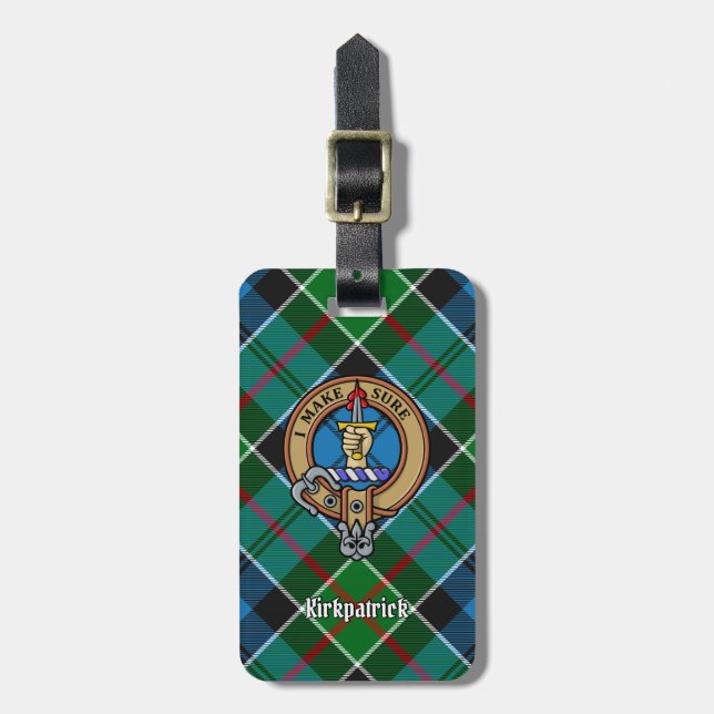 Clan Kirkpatrick Crest over Tartan Luggage Tag (Front Vertical)