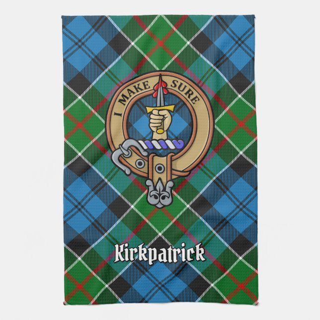 Clan Kirkpatrick Crest over Tartan Tea Towel (Vertical)