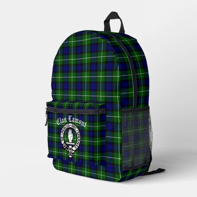 Clan Lamont Crest Badge and Tartan  Printed Backpack (Back Corner Right)
