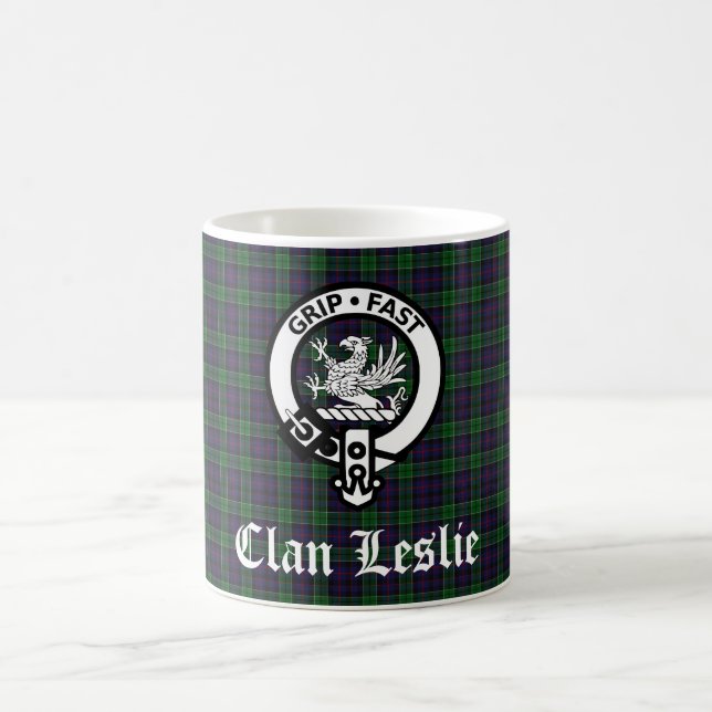 Clan Leslie Crest Badge and Tartan Coffee Mug (Center)