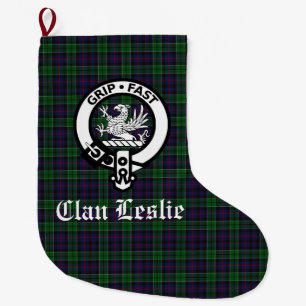 Clan Leslie Crest Badge and Tartan Customisable Large Christmas Stocking
