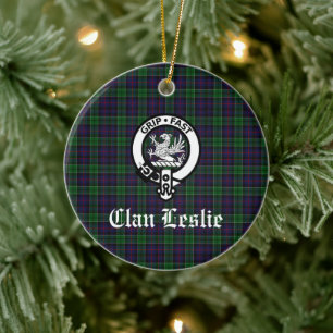 Clan Leslie Crest Badge and Tartan Customizable Ceramic Tree Decoration