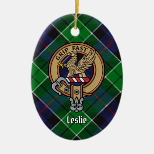 Clan Leslie Crest over Hunting Tartan Ceramic Tree Decoration