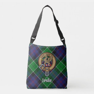 Clan Leslie Crest over Hunting Tartan Crossbody Bag