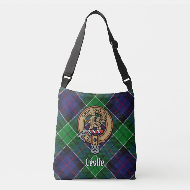 Clan Leslie Crest over Hunting Tartan Crossbody Bag (Front)
