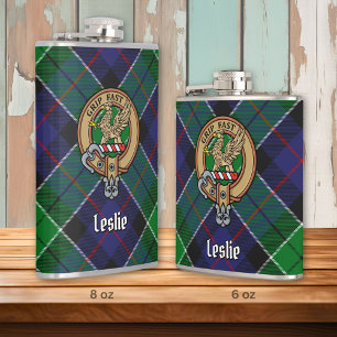 Clan Leslie Crest over Hunting Tartan Hip Flask