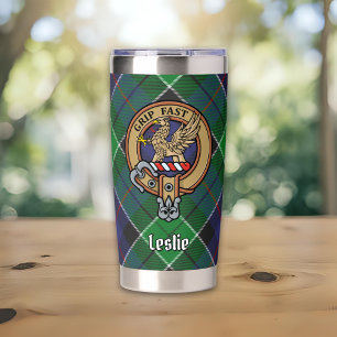 Clan Leslie Crest over Hunting Tartan Insulated Tumbler