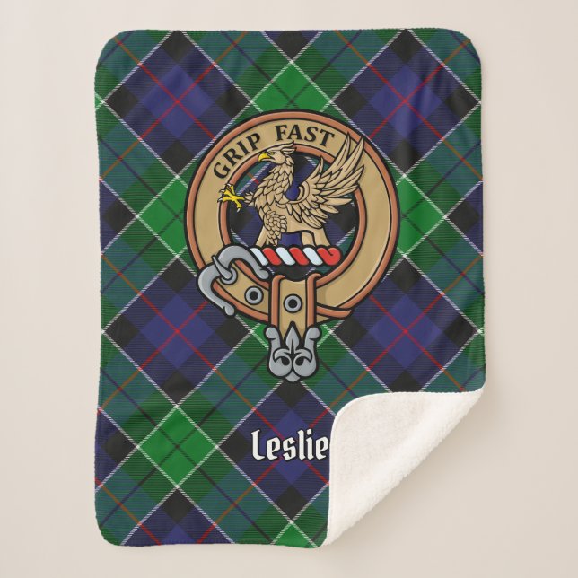 Clan Leslie Crest over Hunting Tartan Sherpa Blanket (Front)