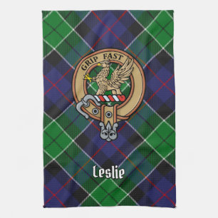 Clan Leslie Crest over Hunting Tartan Tea Towel