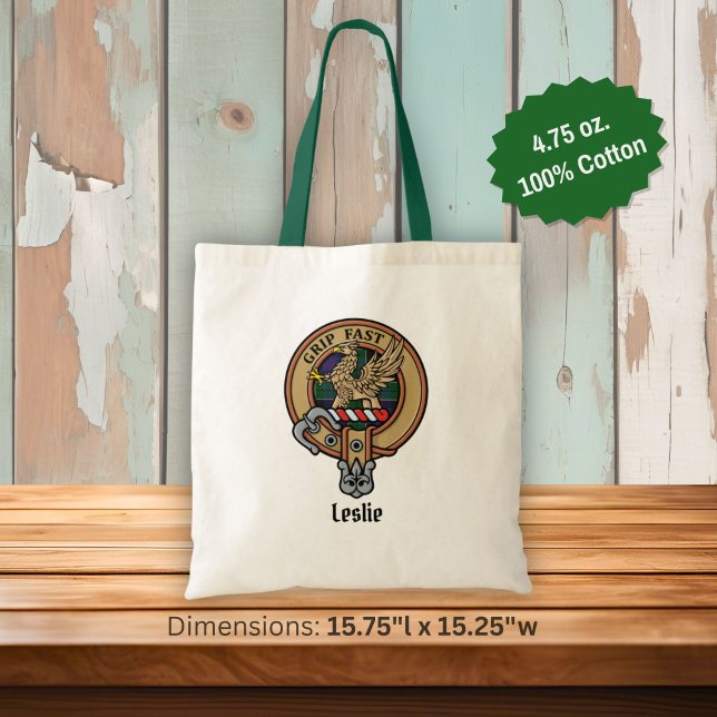 Clan Leslie Crest over Hunting Tartan Tote Bag (Creator Uploaded)