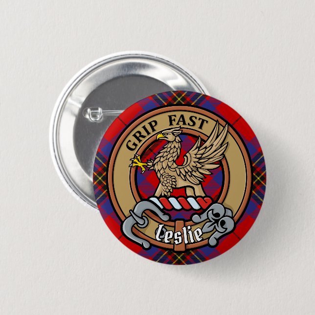 Clan Leslie Crest over Red Tartan 6 Cm Round Badge (Front & Back)