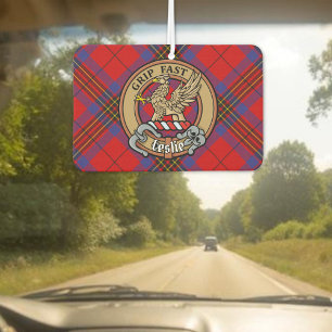 Clan Leslie Crest over Red Tartan Car Air Freshener